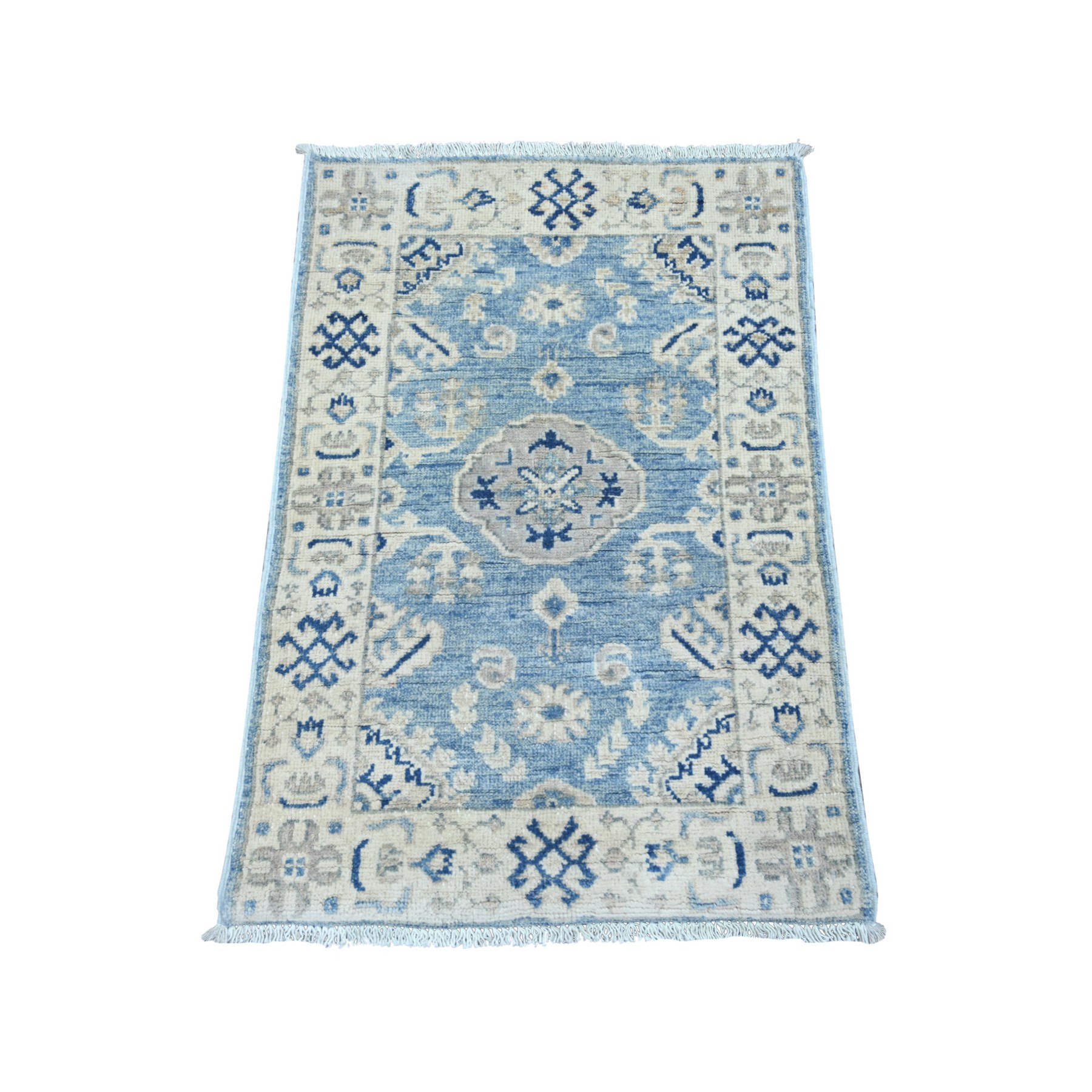 2'x2'9" Maya Blue, Vintage Look Kazak with Tribal Medallion, Hand Knotted, 100% Wool, Natural Dyes, Oriental Rug 